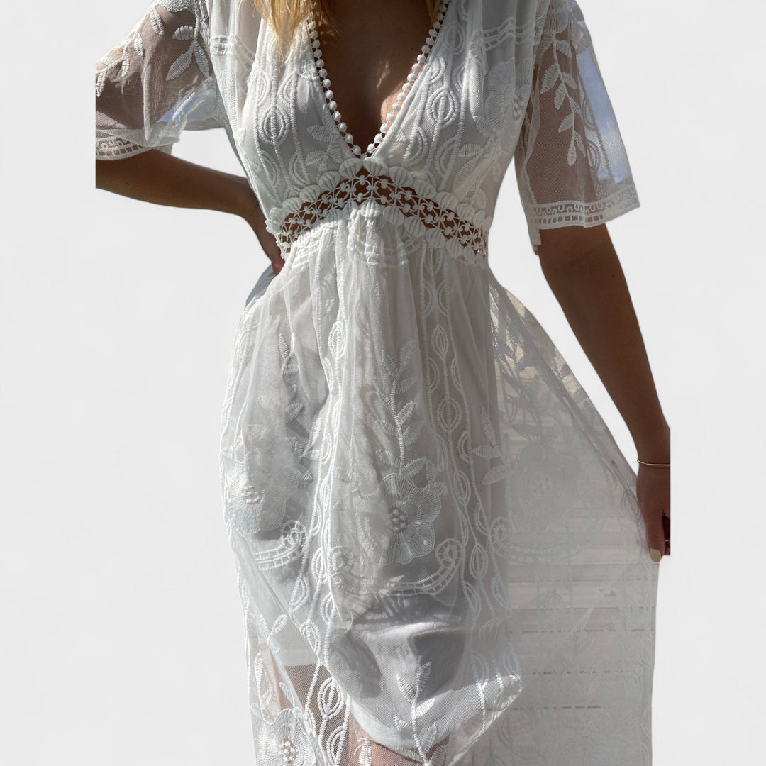 Marinka - Elegantna Dolga Boho Obleka z Čipko